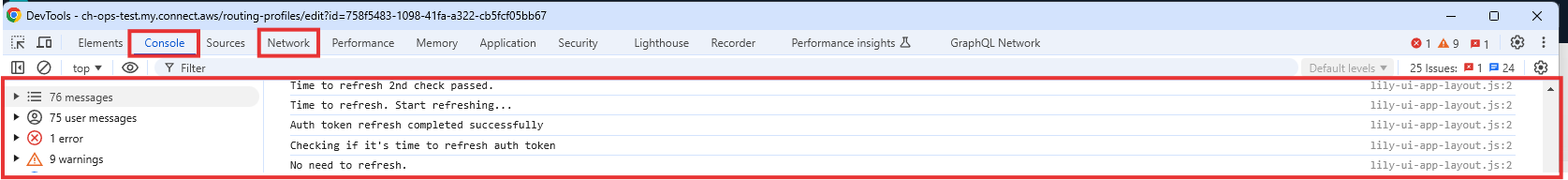Console and Network tabs